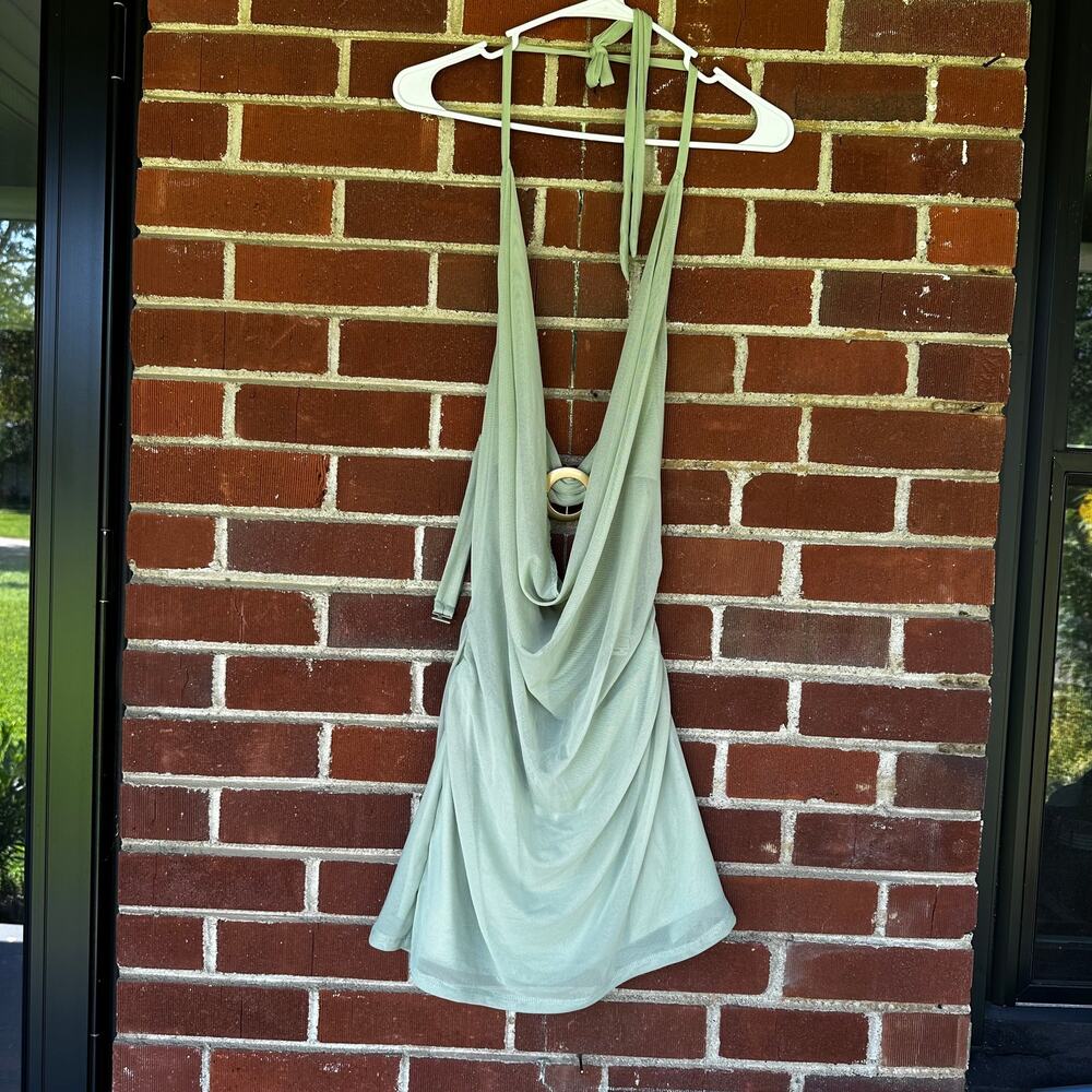 SHEIN Sage Green Mesh Cowl Neck Halter Mini Dress Size S
